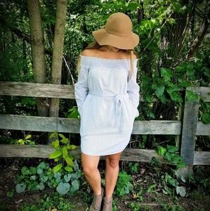 Express Striped Off-the-shoulder Cotton Blend Dres